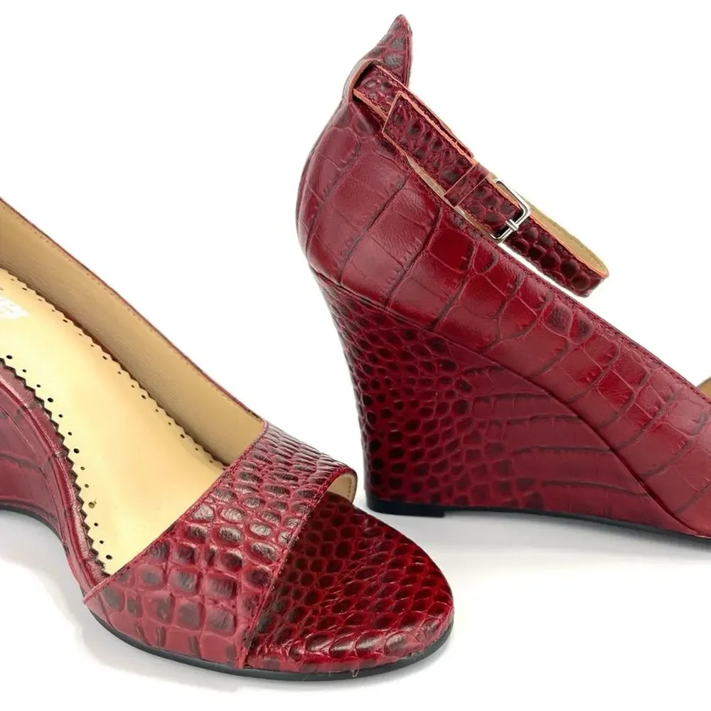 Farylrobin/Anthropologie D'Orsay Wedge Sandal Sz 7 Red Leather Embossed Open-Toe